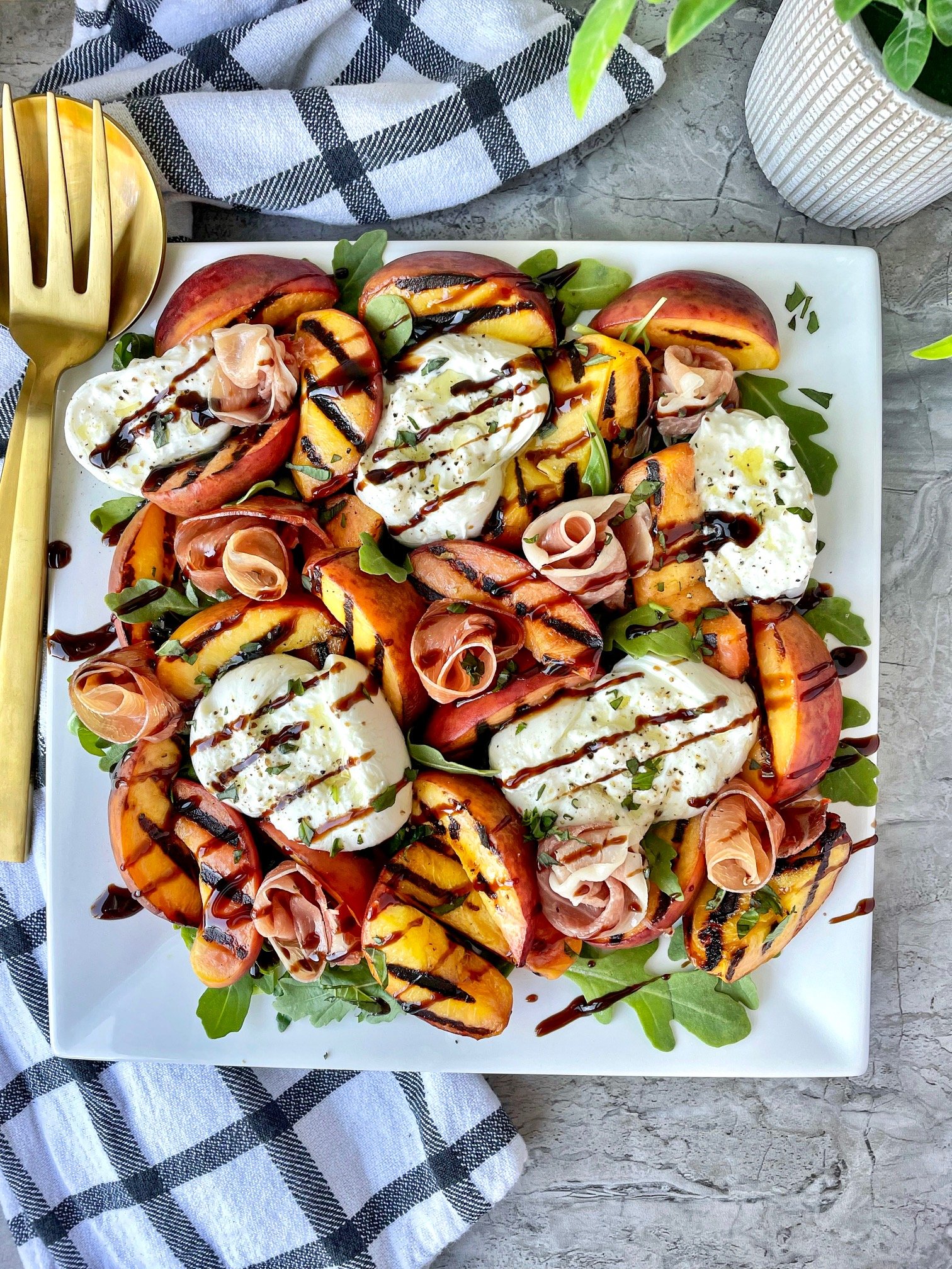 Peach and burrata salad with fresh basil and balsamic