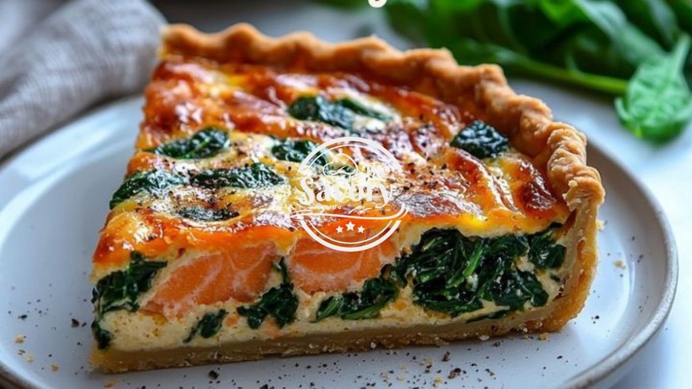 Final golden salmon and spinach quiche